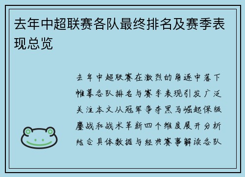 去年中超联赛各队最终排名及赛季表现总览